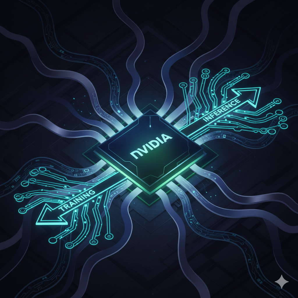 Visual metaphor for compute-layer consolidation. A dominant Nvidia processing stack sits at the center while training and inference pathways converge into the same architecture.