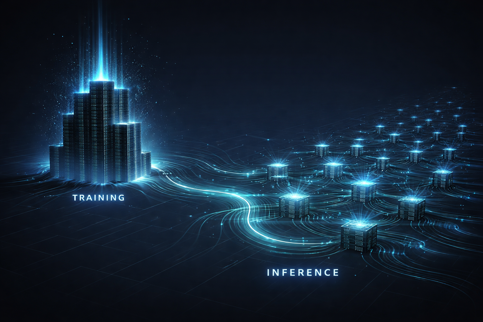 Minimalist illustration showing a tall, centralized training cluster on the left and a distributed network of inference nodes on the right, connected by continuous data flows.