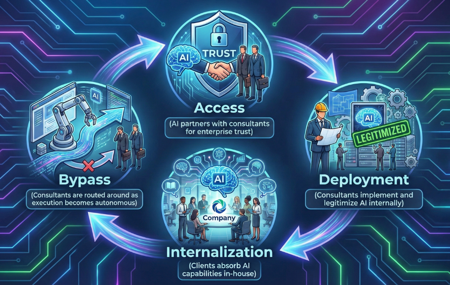 Partner parasite cycle, showing the disruption of AI on the professional services industry.