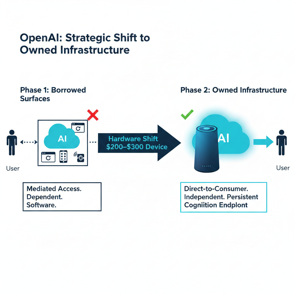 Diagram showing OpenAI's shift from third-party software dependencies to direct user access via dedicated hardware