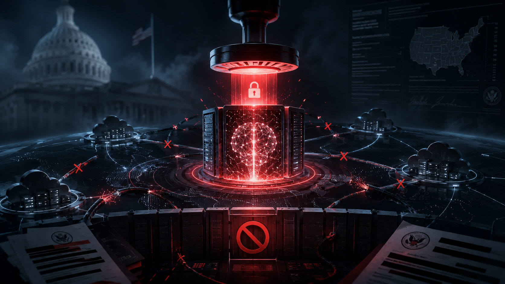 Government kill-switch shuts down a glowing frontier AI model across cloud infrastructure, symbolizing alignment becoming deployment risk.
