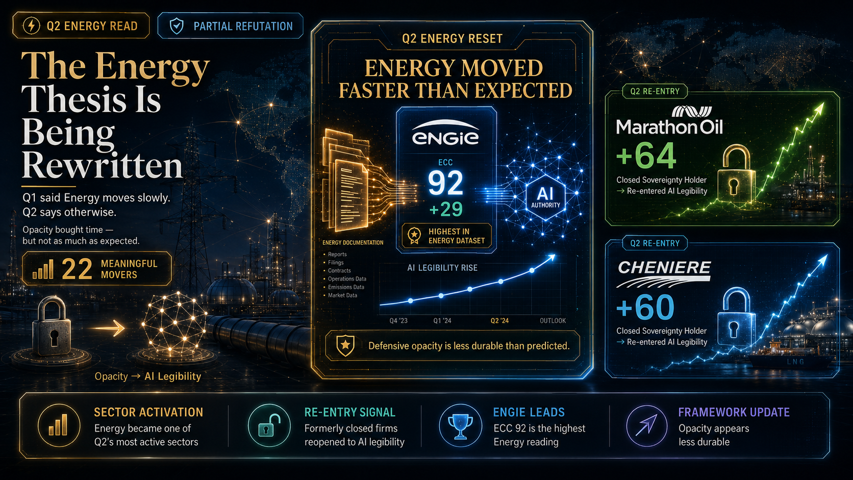Hero image showing the Q2 Energy thesis being partially refuted as the sector becomes more active and AI-legible. A central dashboard highlights Engie reaching ECC 92 with a +29 gain, while Marathon Oil rises +64 and Cheniere rises +60 as former Closed Sov