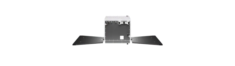 Front view of a metallic satellite with two extended solar panels on each side.
