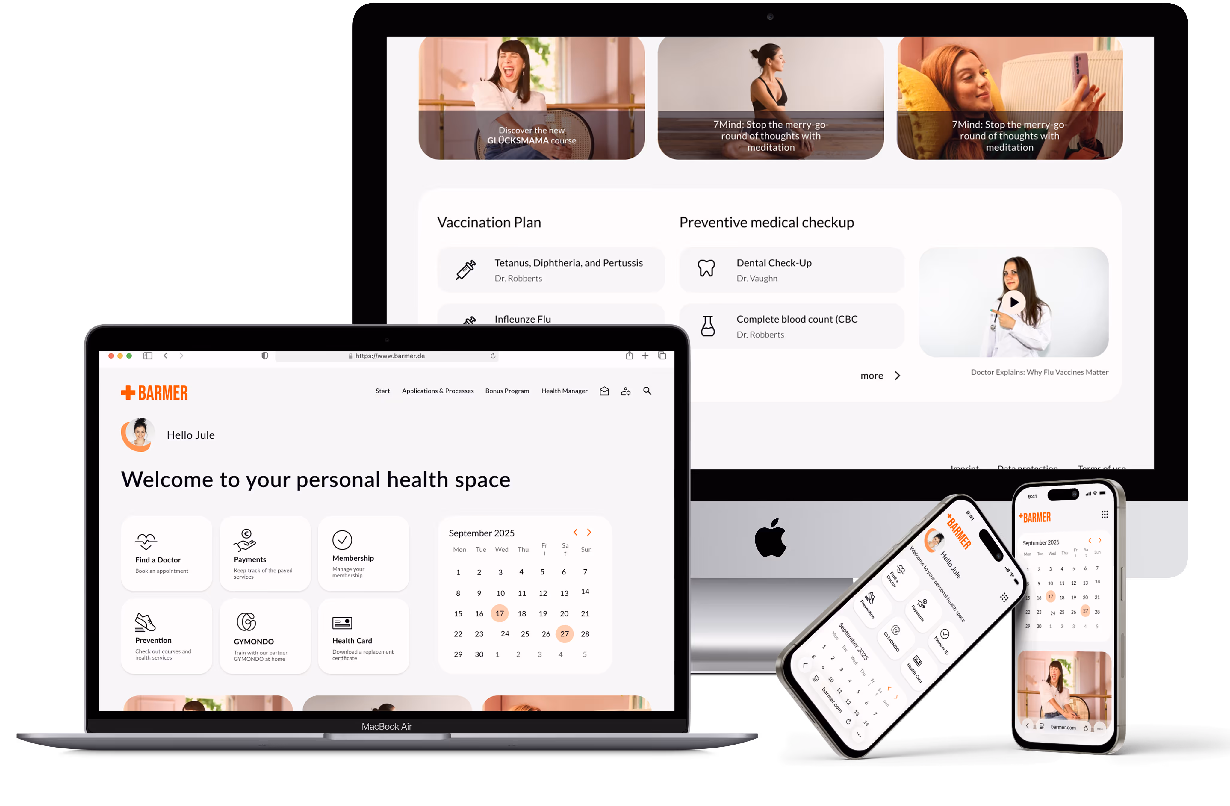 Multiple digital devices display a health platform with calendar, vaccination plan, and preventive checkups.