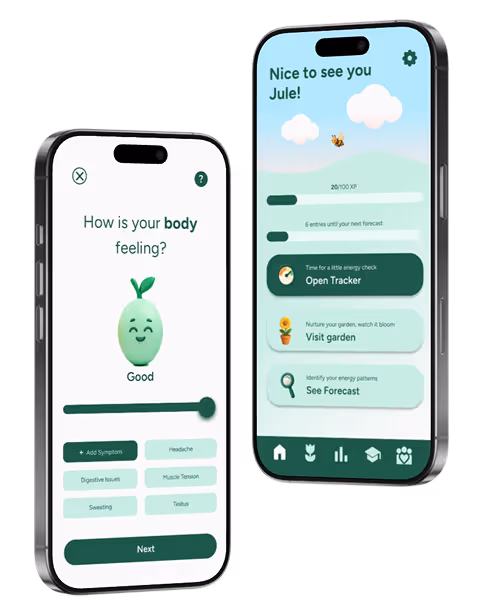 Two smartphones showing a health app interface with a green plant character and options to track symptoms and energy patterns.