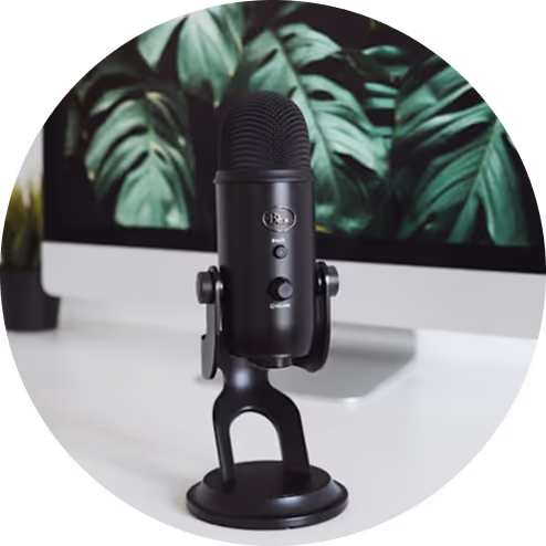 Black desktop microphone on a stand in front of a computer monitor showing large green leaves.