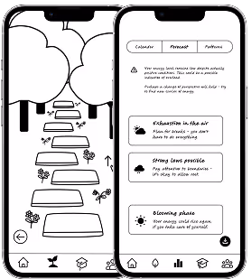 Two smartphone screens showing a gardening app; left screen displays a forest path with plants and trees, right screen shows tabs labeled 'Calendar,' 'Forecast,' and 'Patterns'.