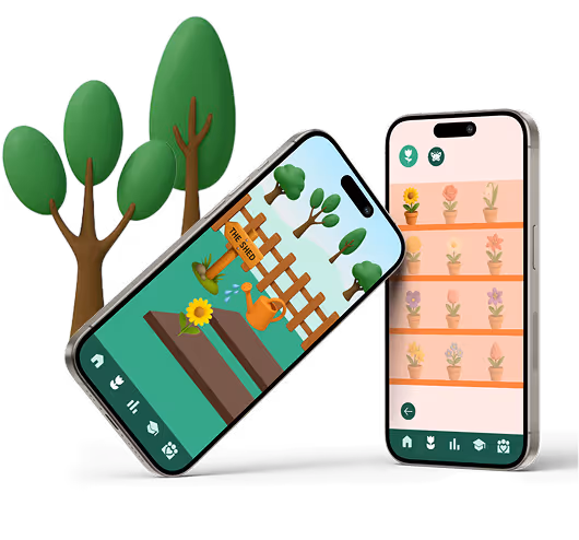 Two smartphones showing gardening app screens, one with a garden scene and the other with a plant selection menu, next to stylized trees.
