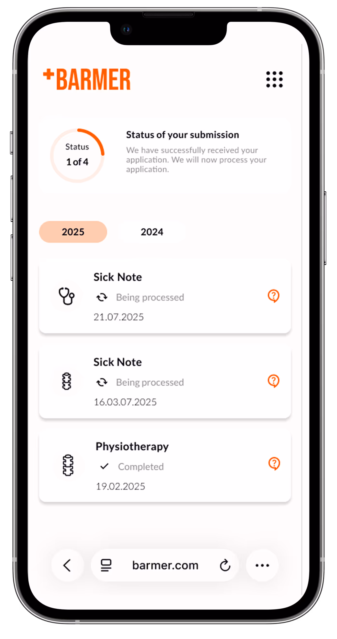 Mobile phone screen showing a BARMER app with submission status, tabs for 2025 and 2024, and a list of medical entries including two sick notes being processed and one completed physiotherapy session.