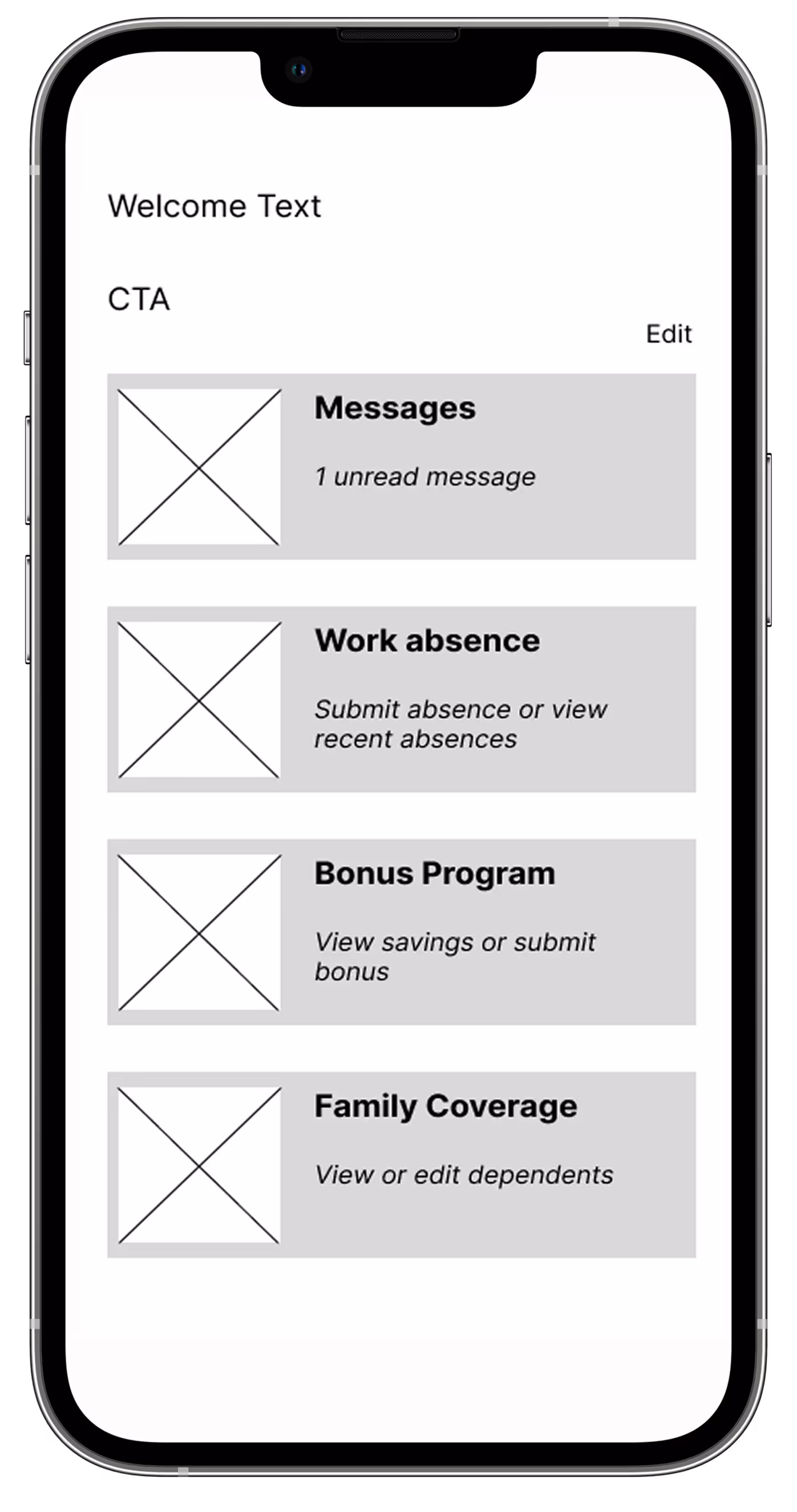 Smartphone screen showing a list of four menu options with placeholders for images and brief descriptions: Messages, Work absence, Bonus Program, and Family Coverage.