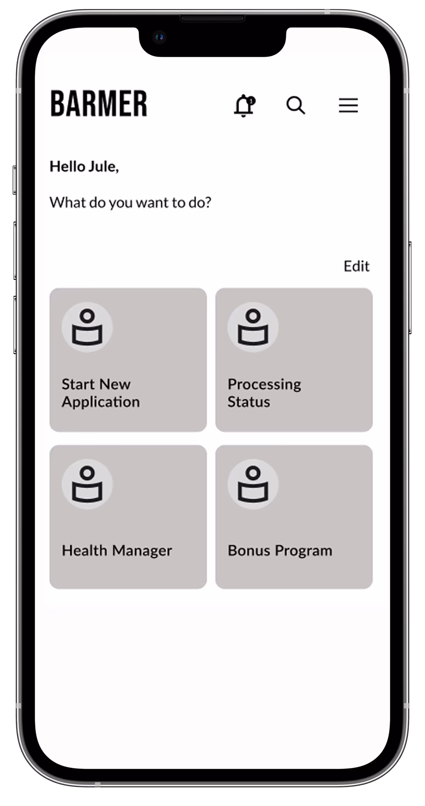 Smartphone screen showing a health app interface with greeting 'Hello Jule' and four buttons labeled Start New Application, Processing Status, Health Manager, and Bonus Program.