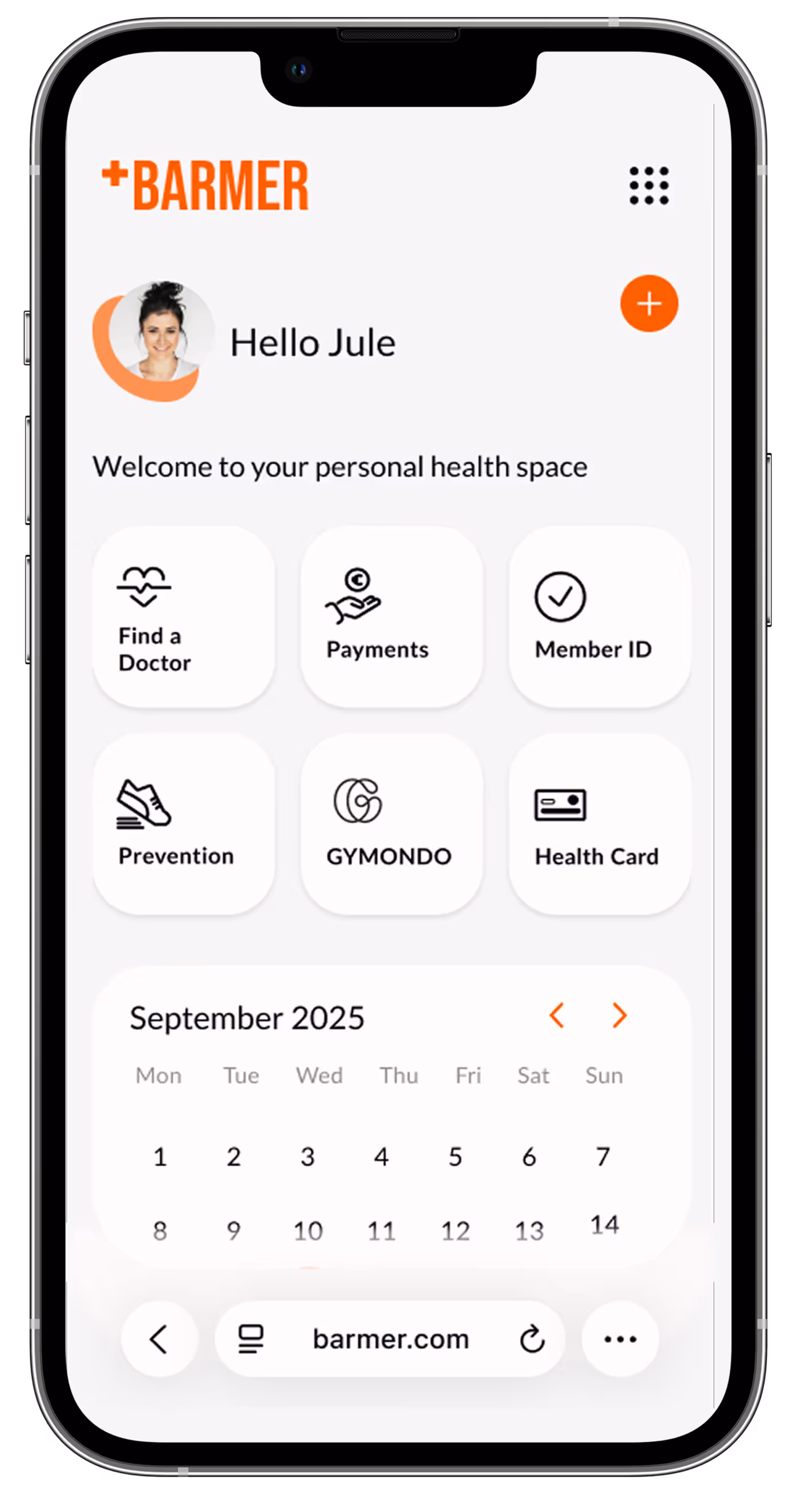 Mobile screen showing a health app interface with greeting, six main options including Find a Doctor, Payments, Member ID, Prevention, GYMONDO, Health Card, and a September 2025 calendar view.