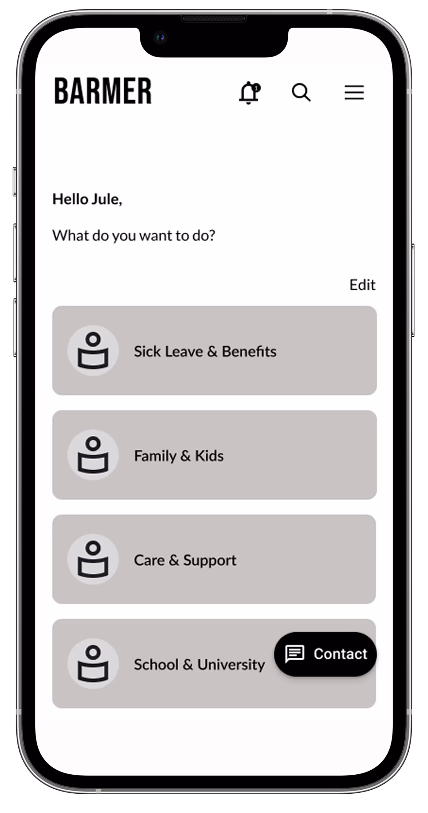 Mid-Fidelity Wireframes showing a BARMER app interface with options for Sick Leave & Benefits, Family & Kids, Care & Support, and School & University, with a Contact button.