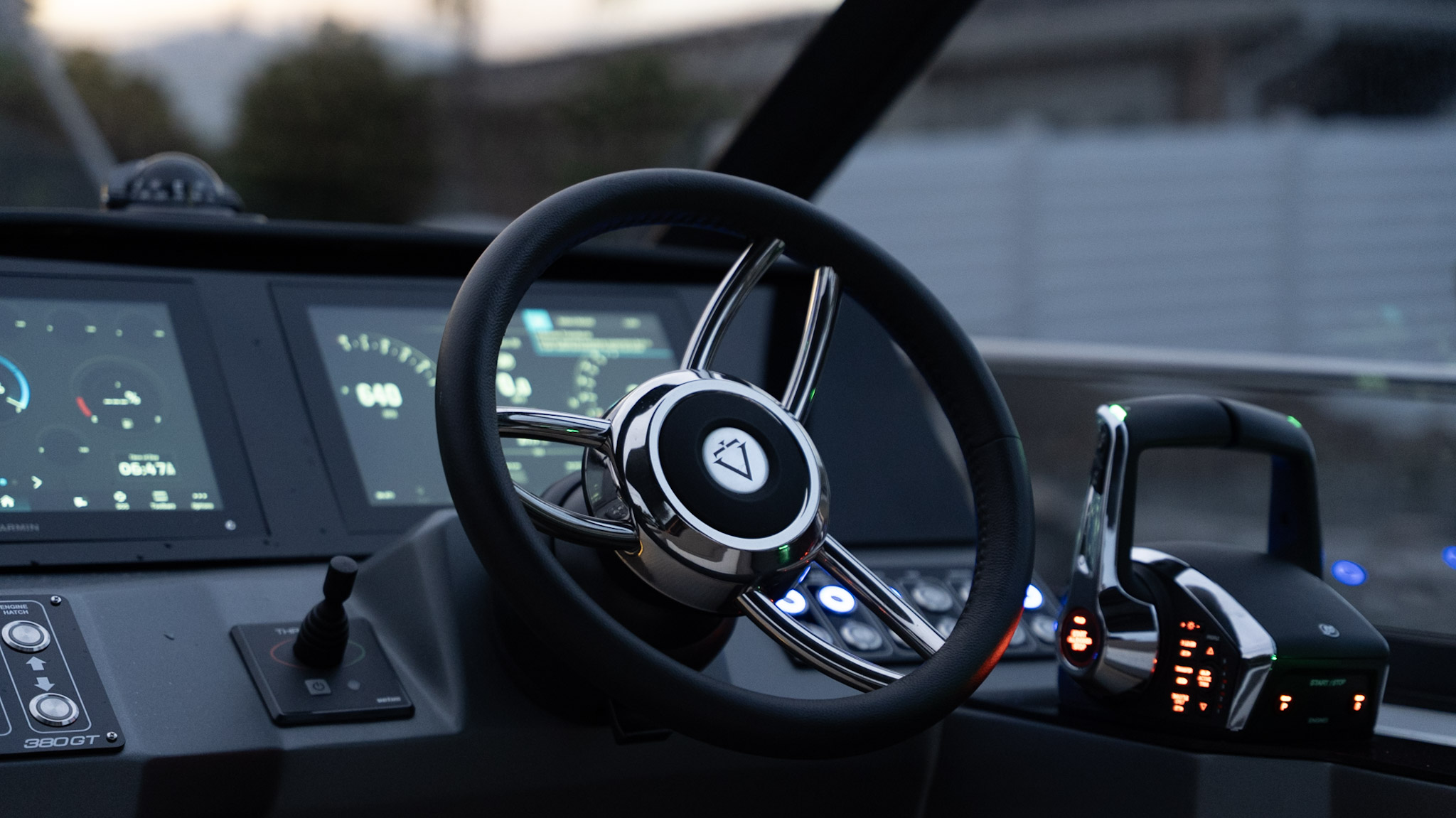Luxury yacht helm and steering wheel showcasing precision engineering and control