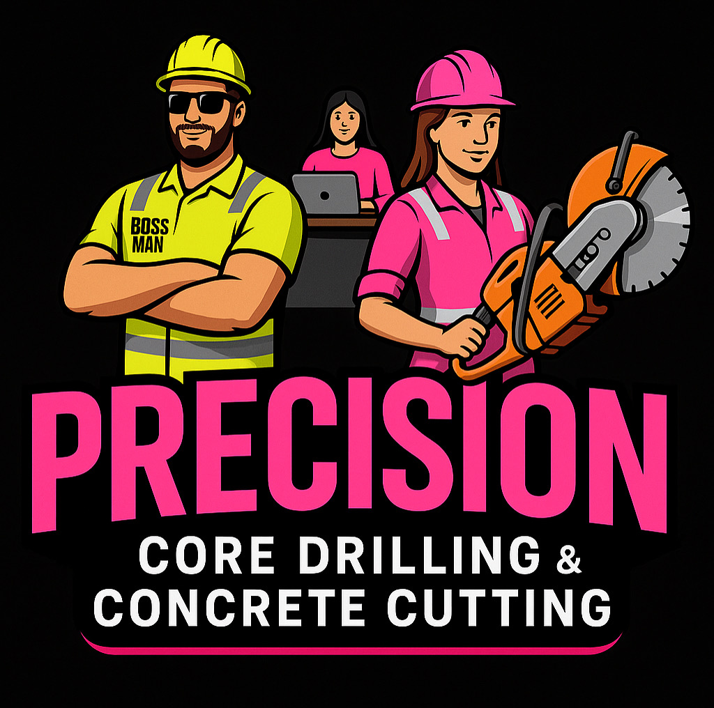 Logo with construction workers, one in yellow gear labeled 'BOSS MAN' and another in pink holding a concrete saw, with text 'PRECISION CORE DRILLING & CONCRETE CUTTING'.