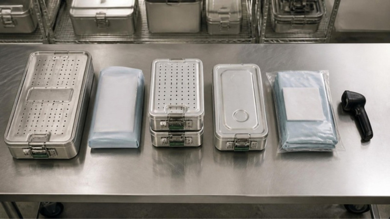 Sealed surgical instrument containers and sterile-wrapped kits staged in an orderly row on a stainless steel prep table