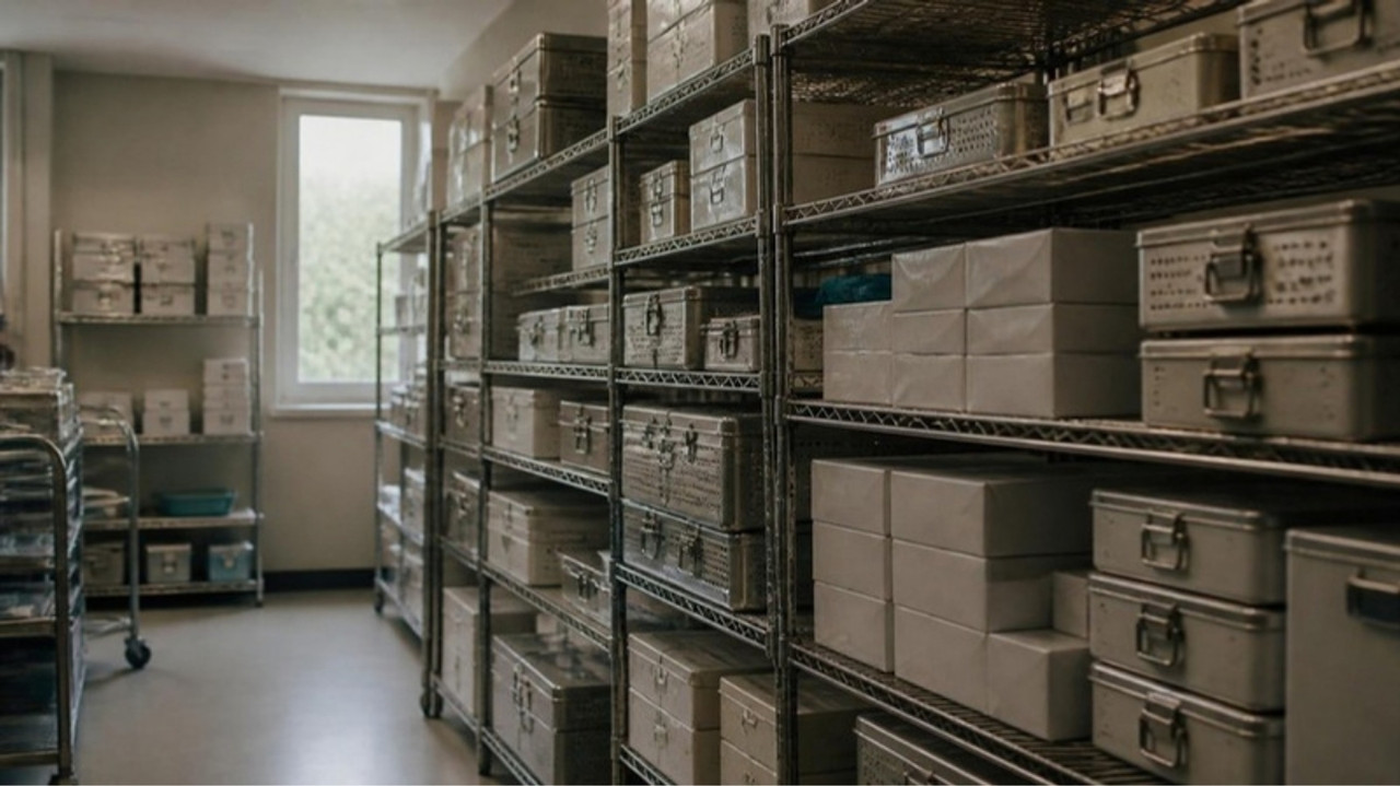 Hospital consignment storage room with wire shelves packed with surgical instrument containers and implant boxes