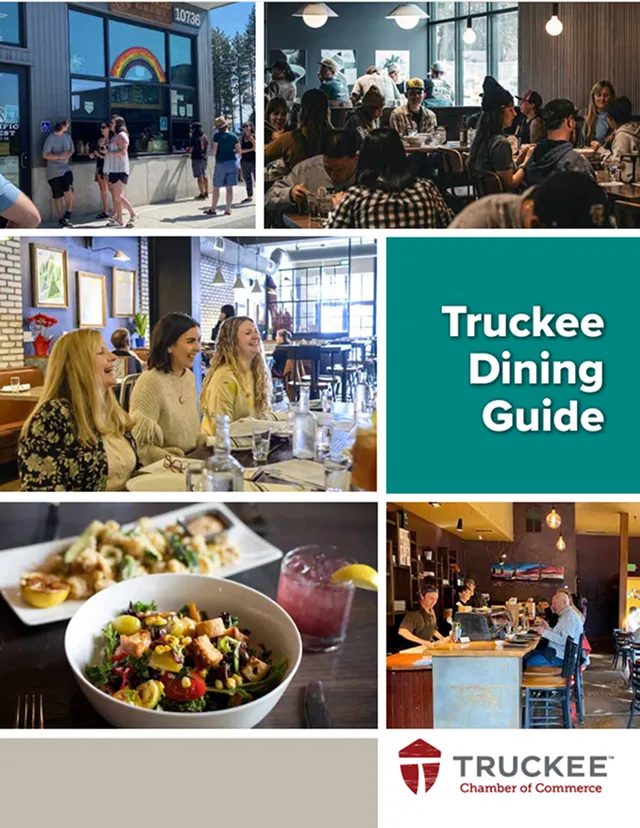 Collage showcasing people dining in various restaurant settings, fresh salad and seafood dishes, and the text 'Truckee Dining Guide' with Truckee Chamber of Commerce logo.