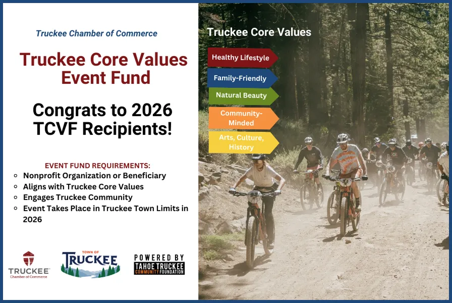 Flyer announcing the Truckee Core Values Event Fund congratulating 2026 recipients with fund requirements and core values listed alongside an image of a group of cyclists riding on a forest trail.