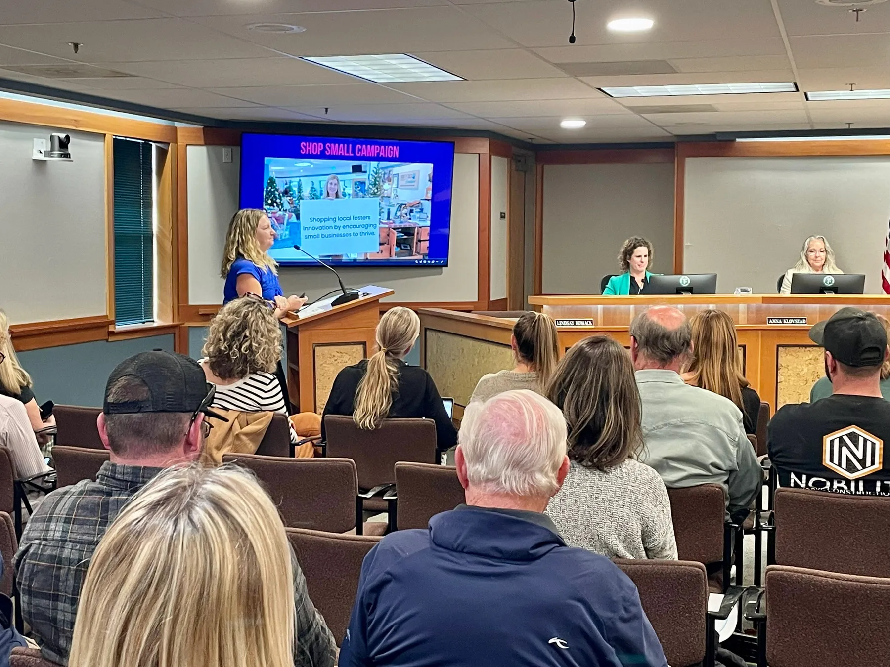 Woman presenting a Shop Small Campaign to an audience seated in a meeting room, with two women sitting at a council desk in front.