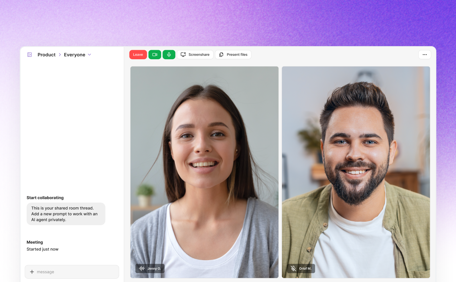 Meet adhoc with video, share files, transcribe with AI agent and more in Powerboards.