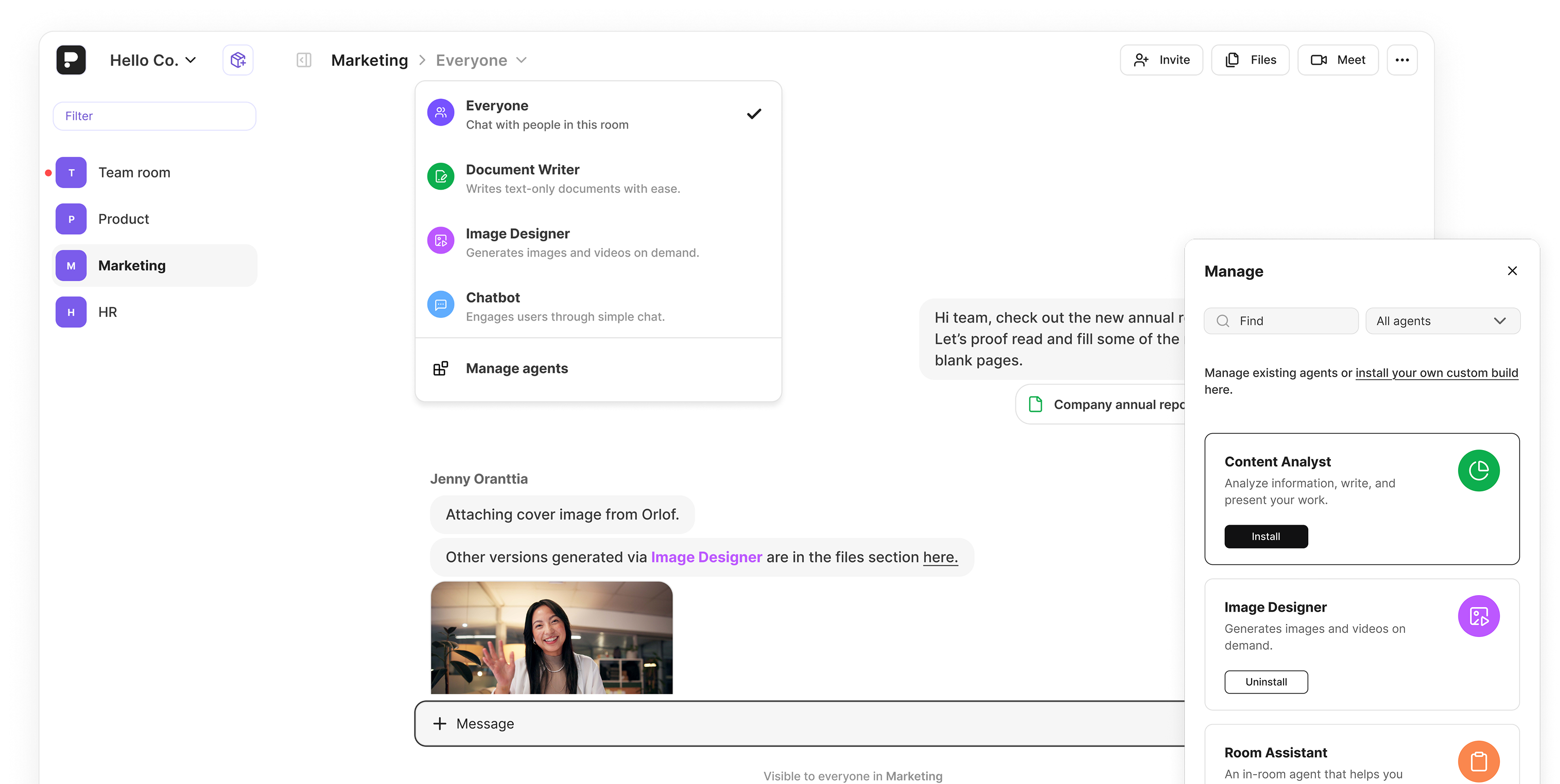 Team room chat with members messaging in the main thread, with access to switching threads to chat with AI agents to get tasks accomplished.