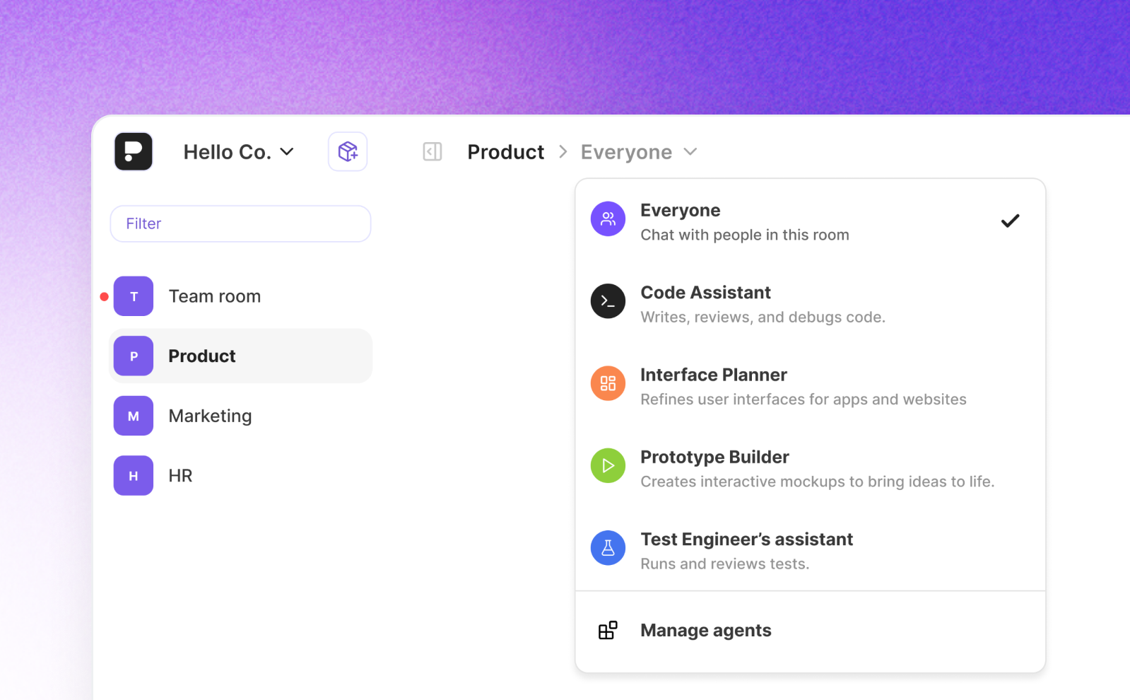 Powerboards rooms with current room active with members and connected AI agents shared by project owner.