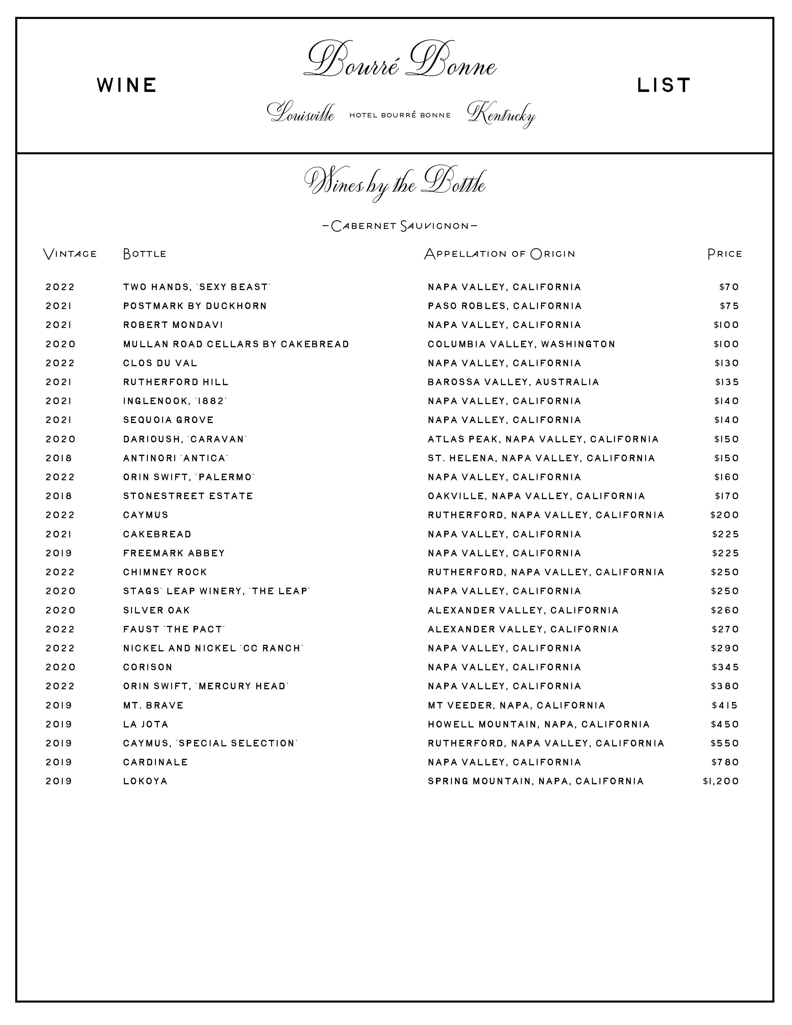 Hotel Bourré Bonne Wine List