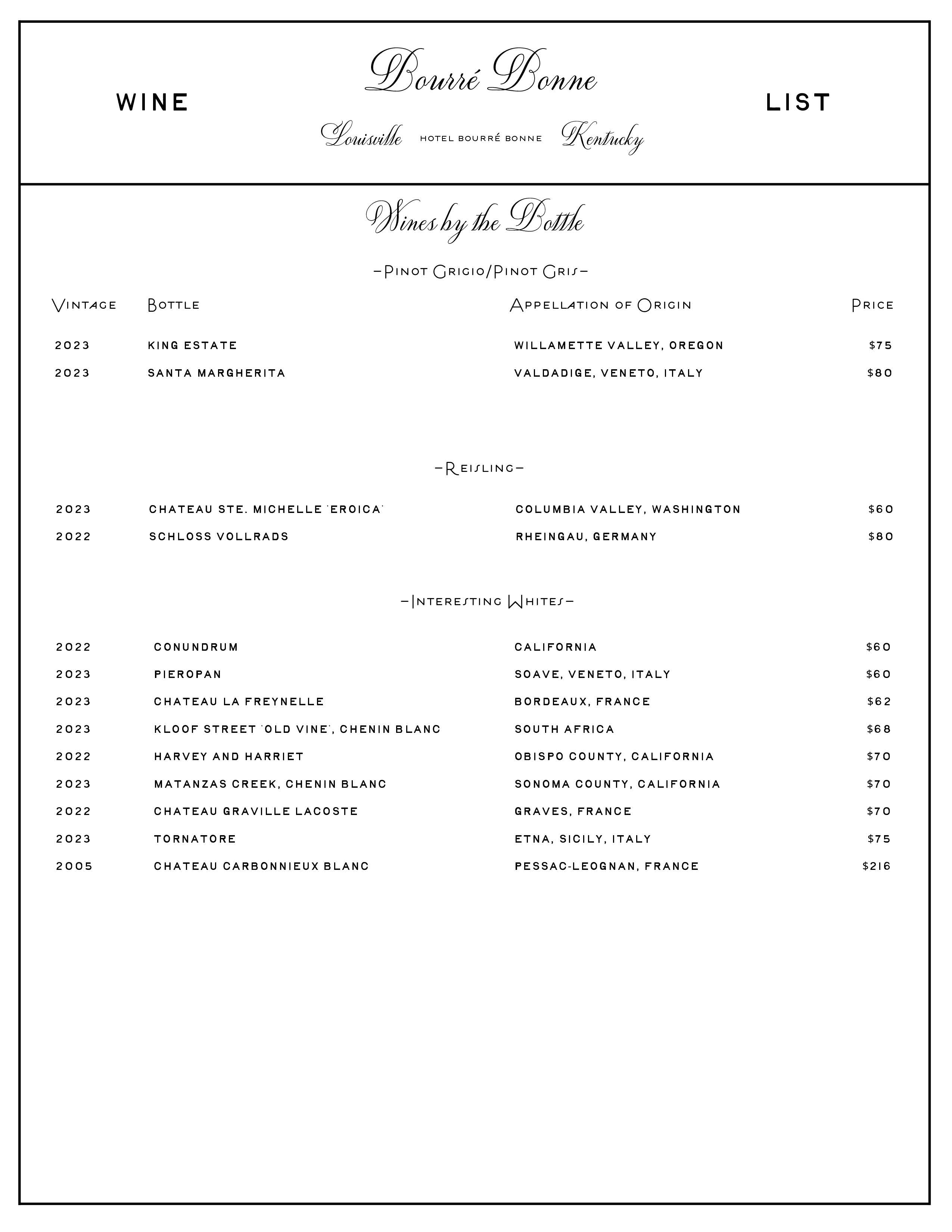 Hotel Bourré Bonne Wine List