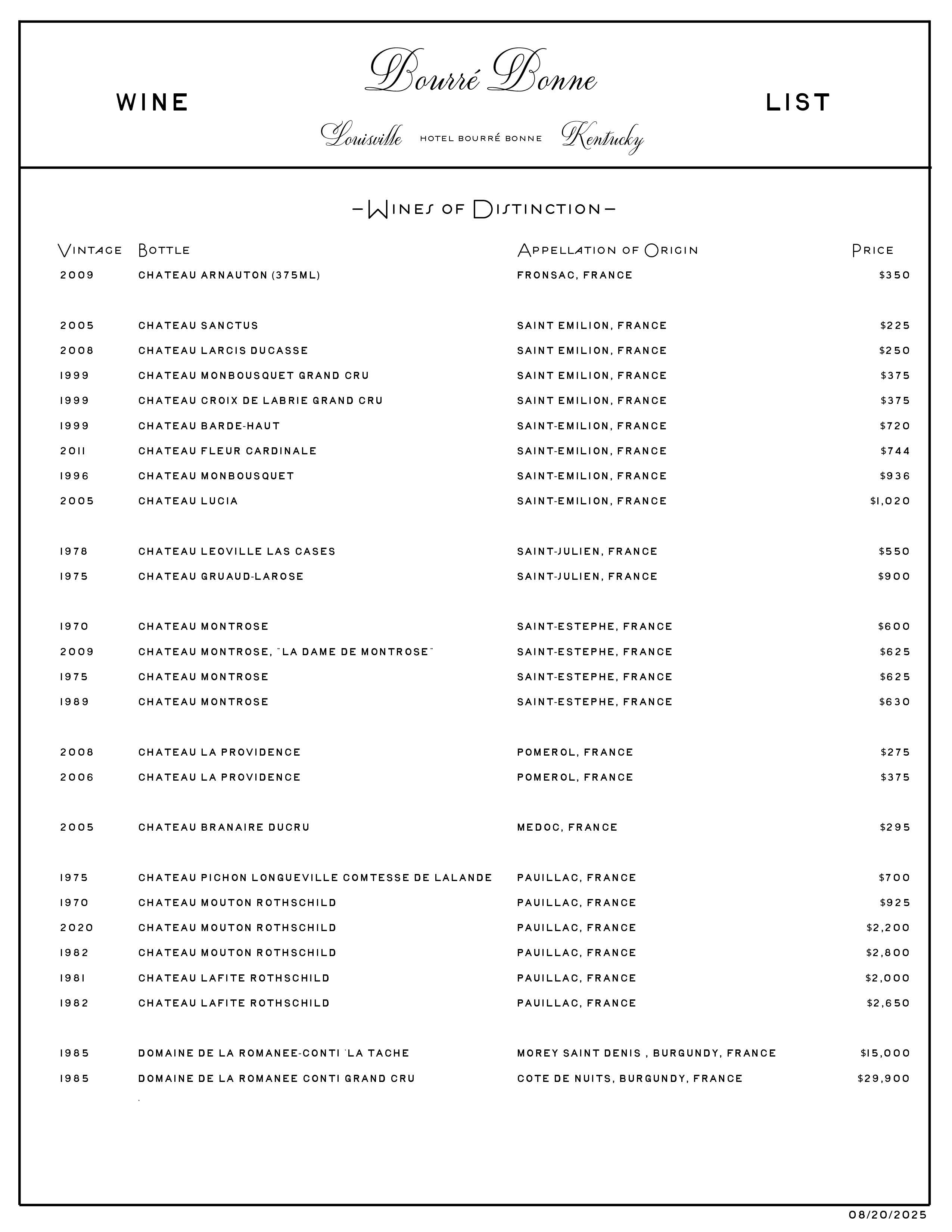 Hotel Bourré Bonne Wine List