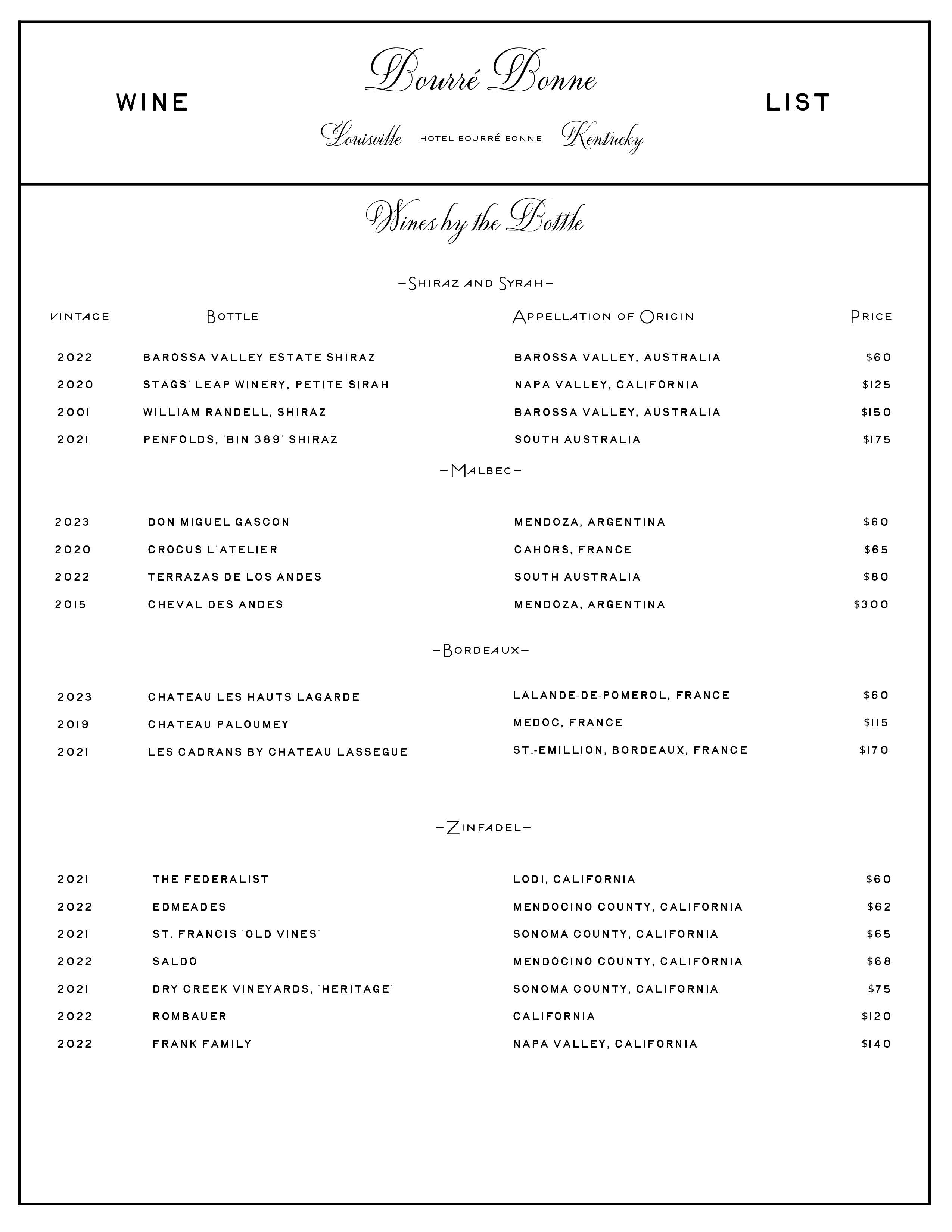 Hotel Bourré Bonne Wine List