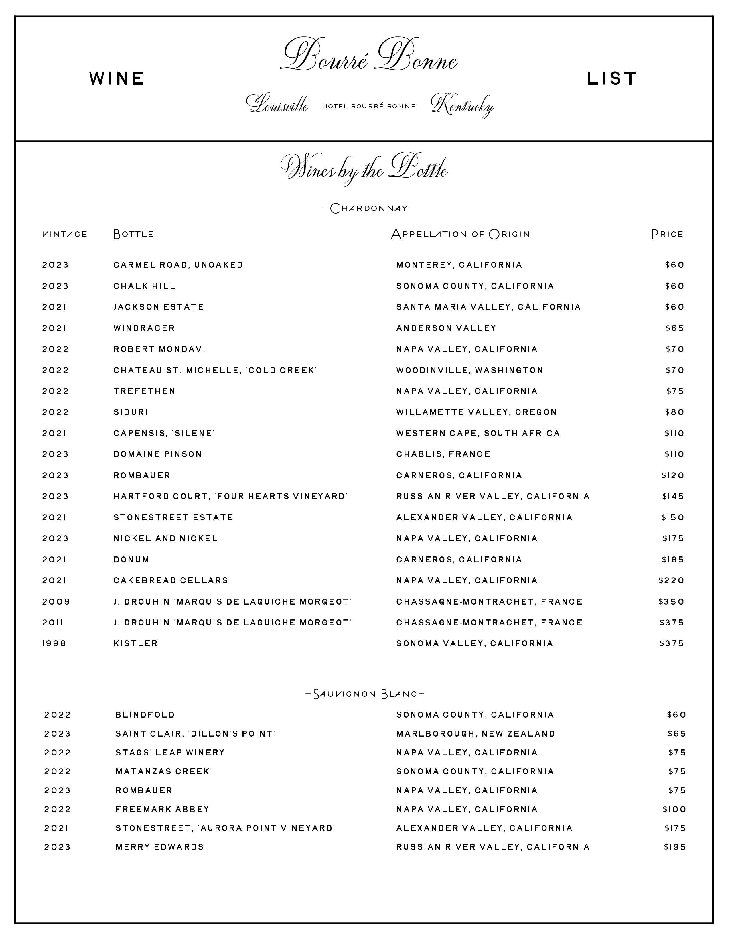 Hotel Bourré Bonne Wine List
