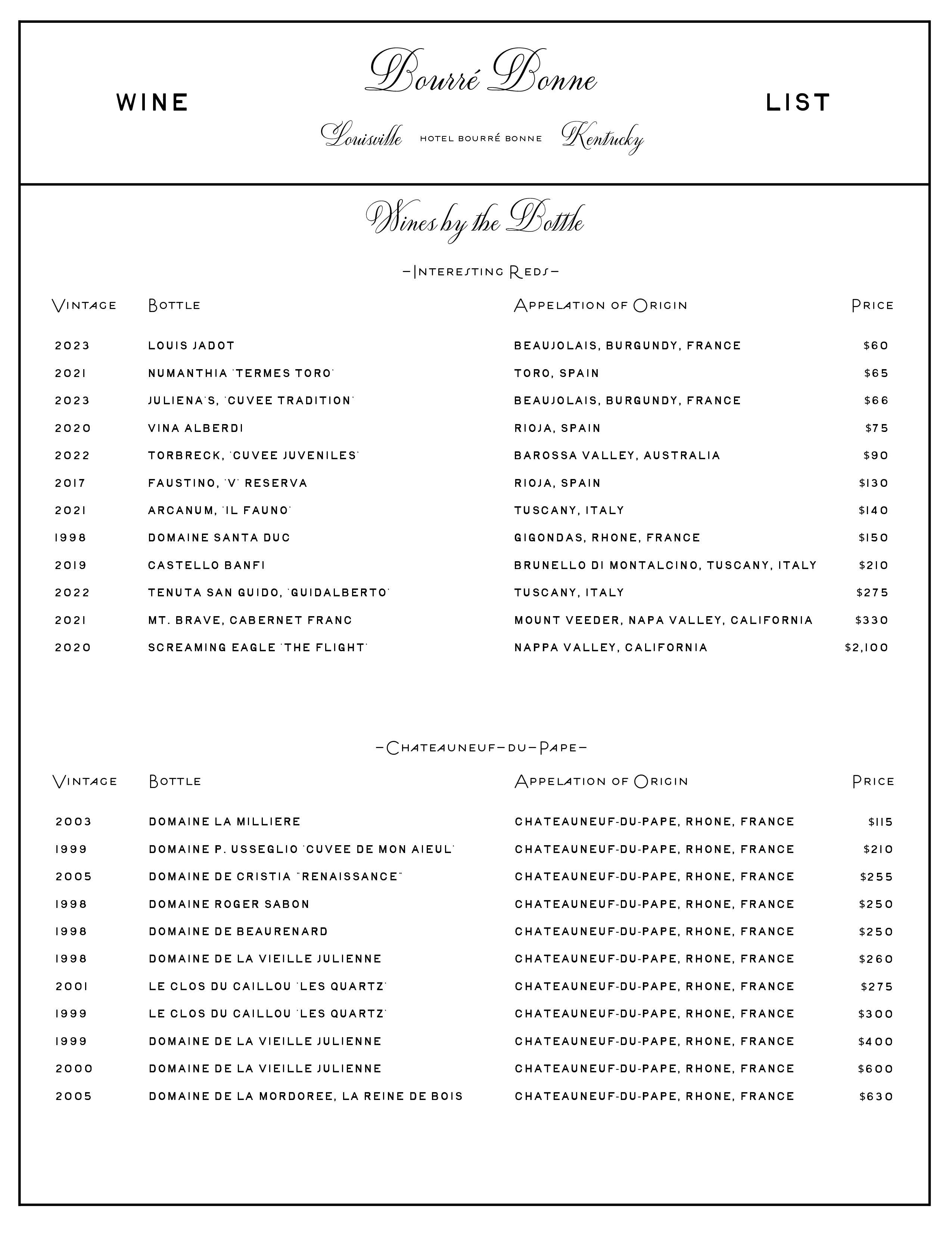 Hotel Bourré Bonne Wine List
