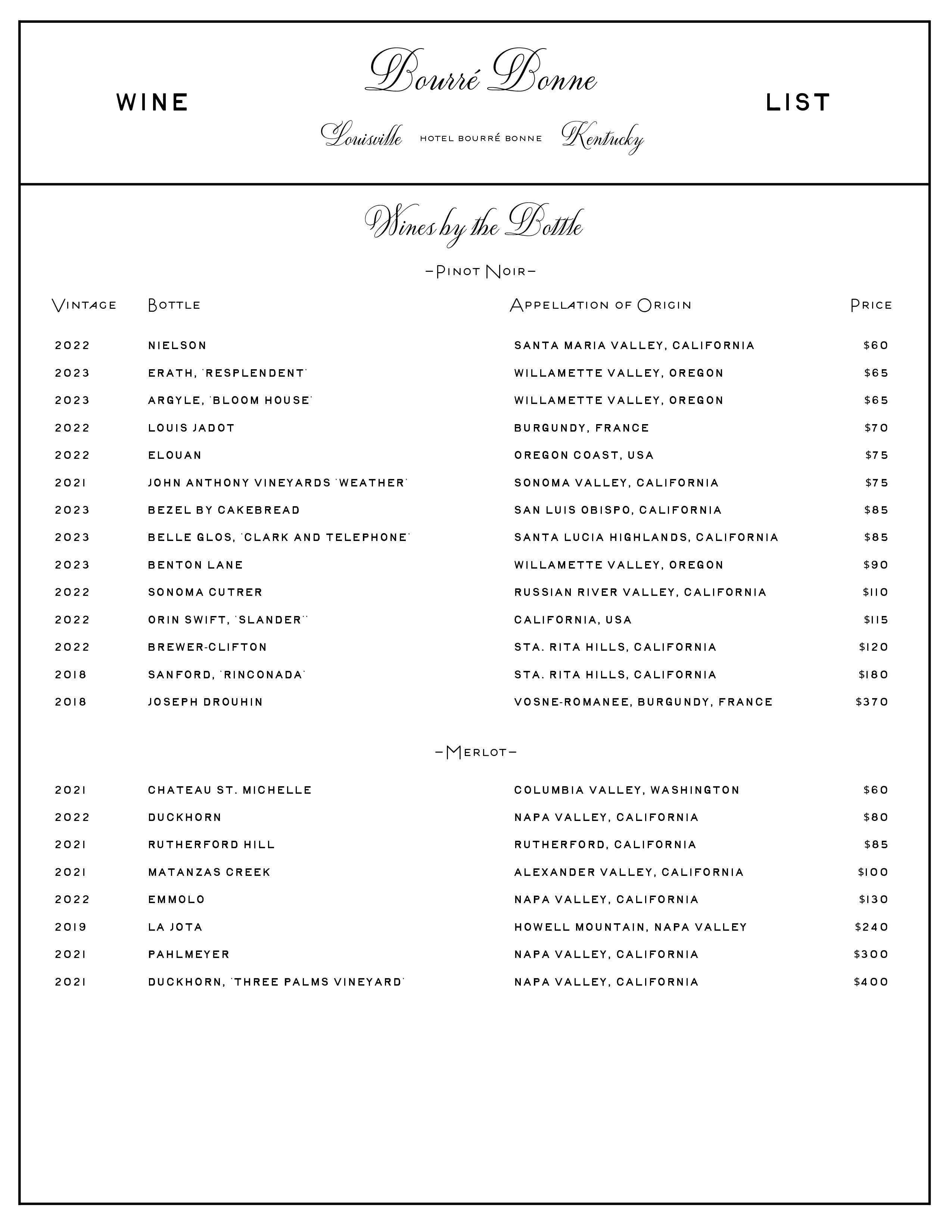 Hotel Bourré Bonne Wine List
