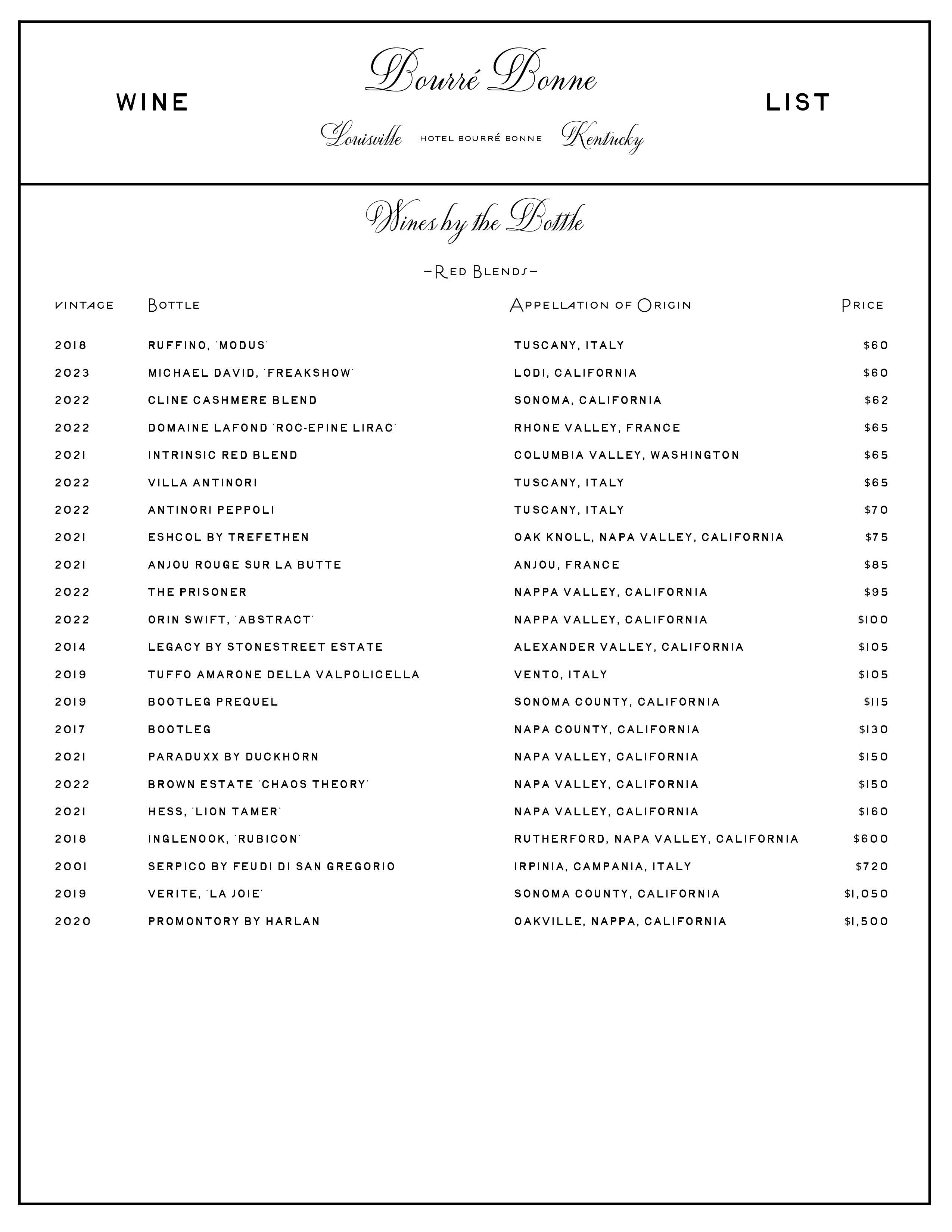 Hotel Bourré Bonne Wine List