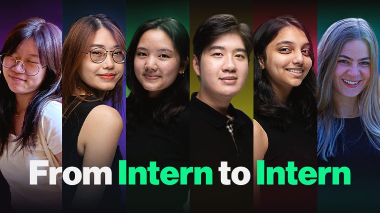 Six diverse young professionals displayed against colorful backgrounds with text "From Intern to Intern"