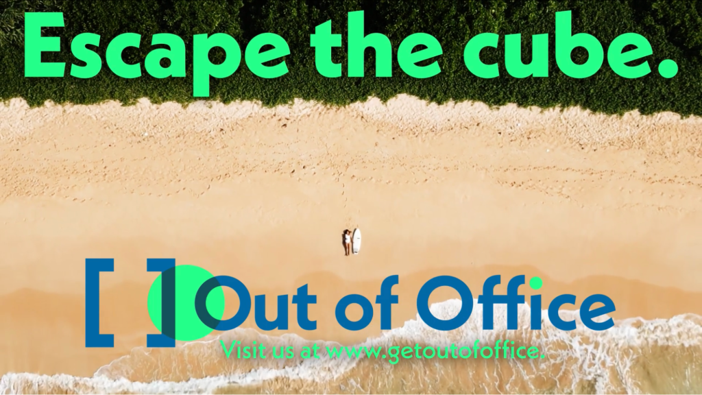 Aerial beach view with "Escape the cube" text and Out of Office logo with couple walking on sand.
