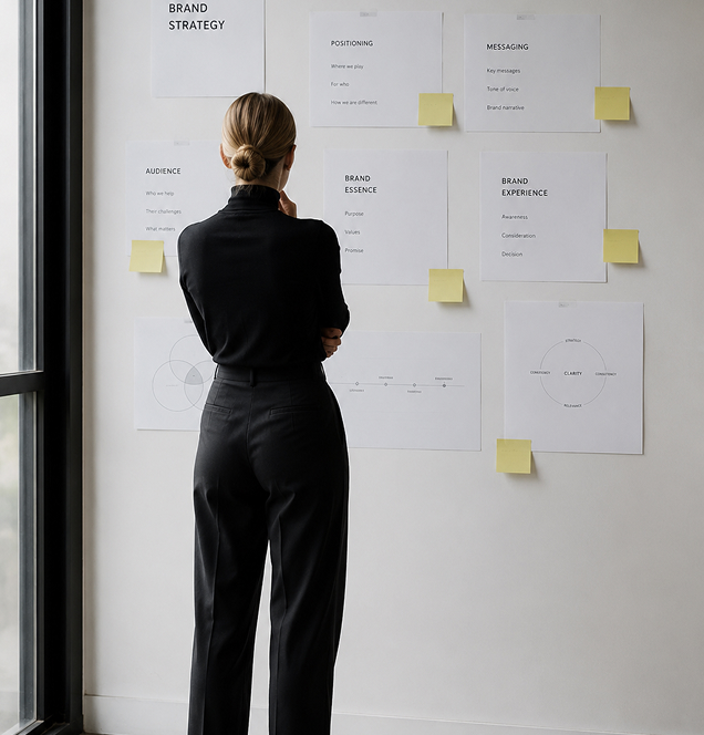 Woman viewing brand strategy diagram with sticky notes on wall