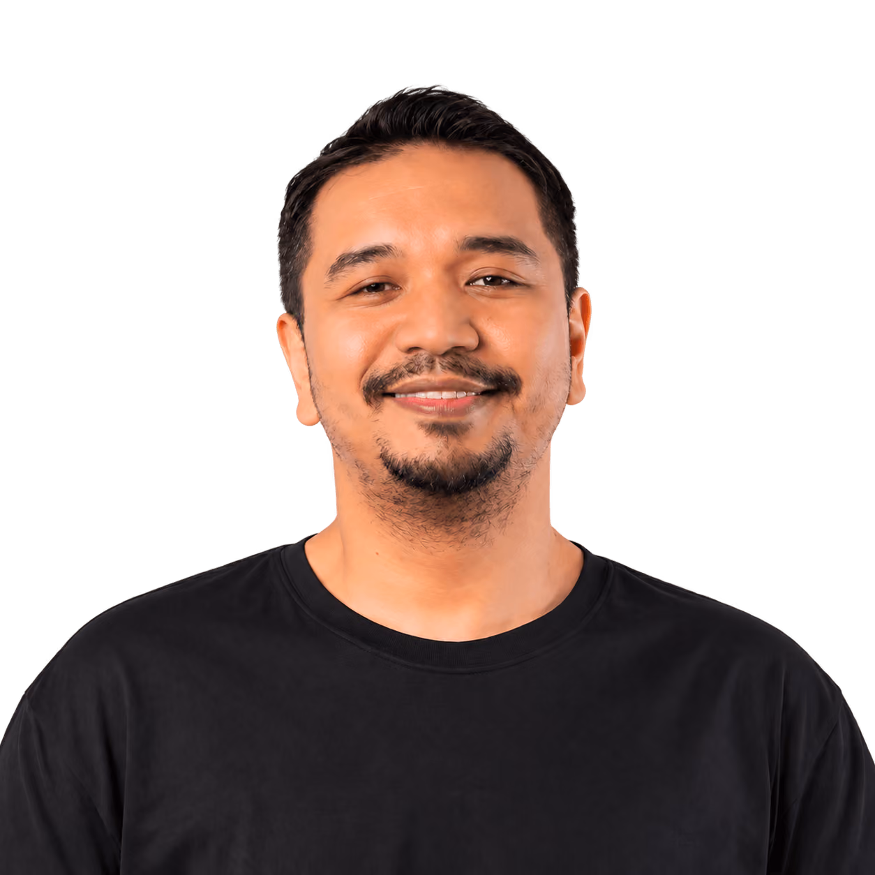 Man with dark hair and facial hair smiling at camera wearing black shirt