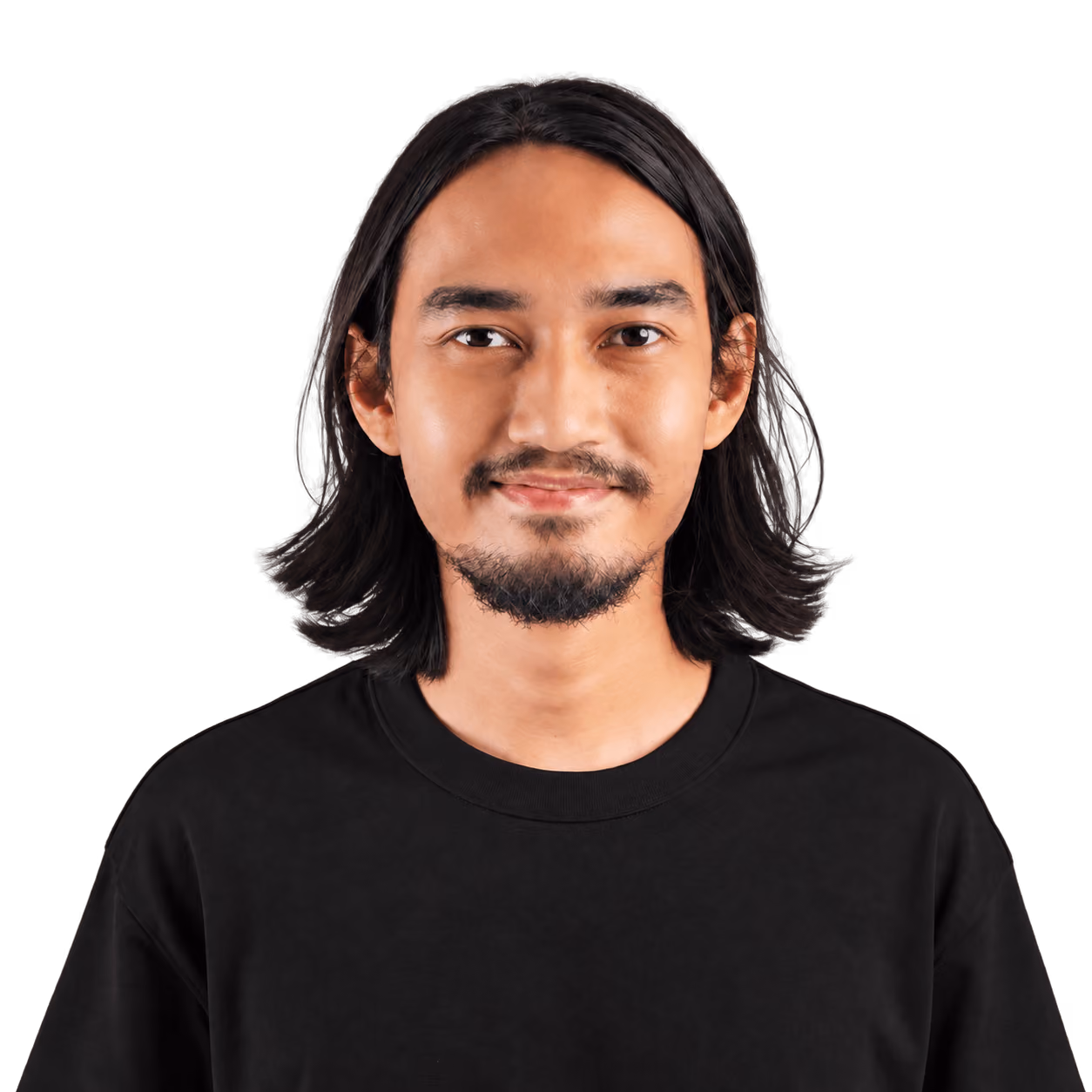 Portrait of a man with long black hair and facial hair wearing a black shirt