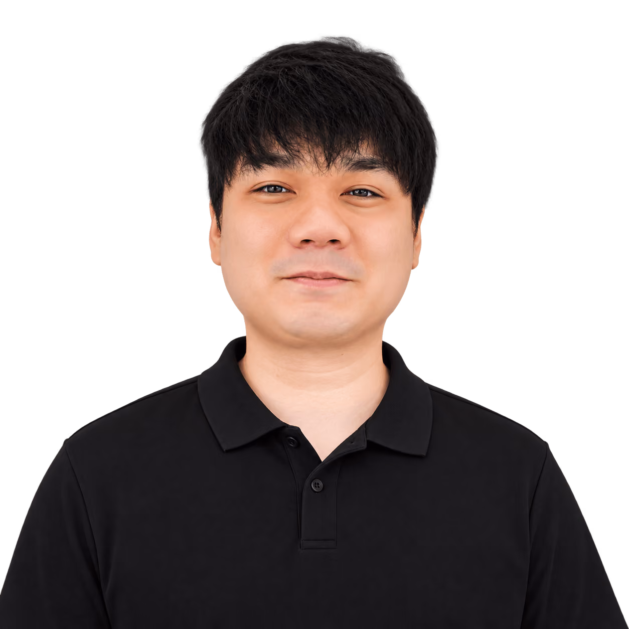 Portrait of an Asian man in a black polo shirt against white background