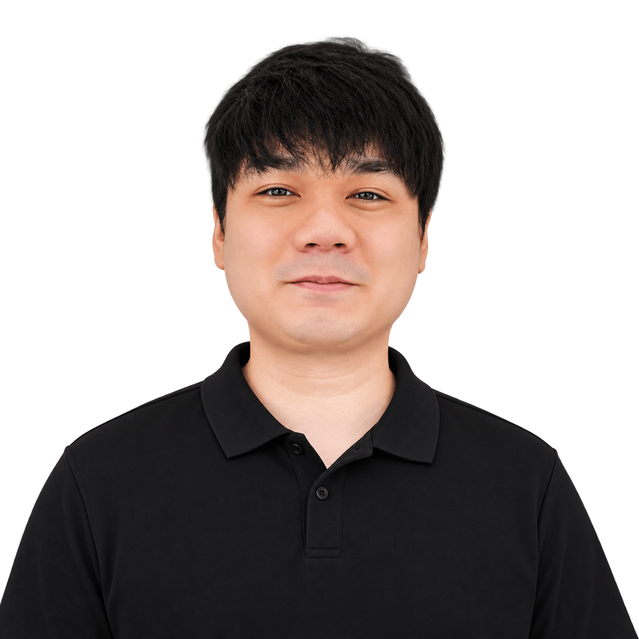 Portrait of an Asian man in a black polo shirt against white background
