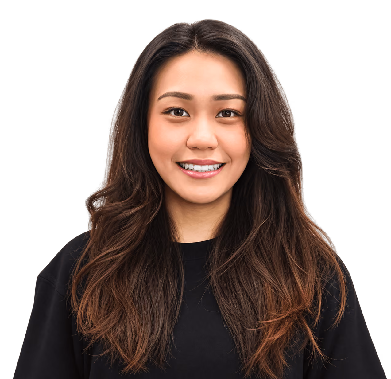 Smiling woman with long dark hair wearing black shirt on white background
