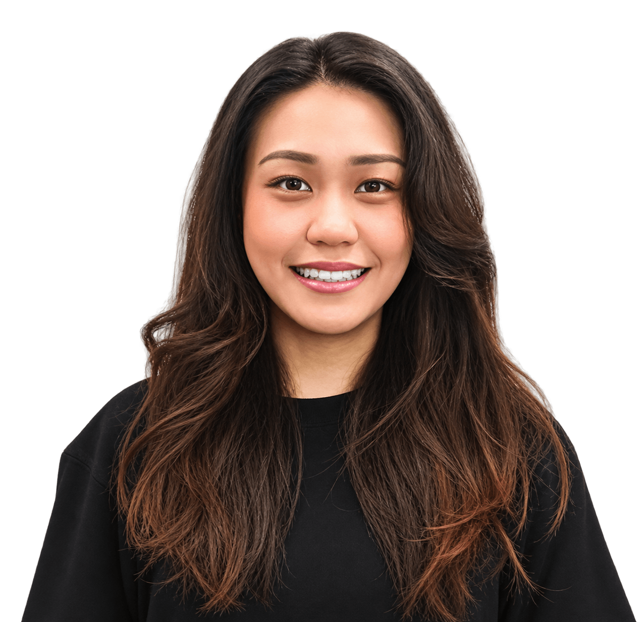 Smiling woman with long dark hair wearing black shirt on white background