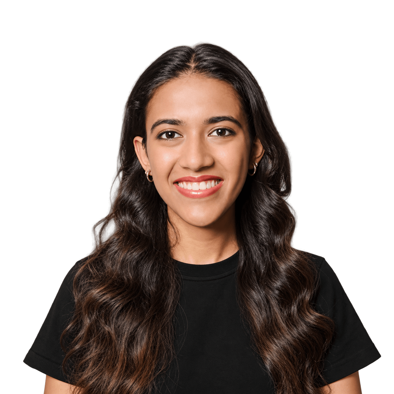 Young woman with long black wavy hair smiling at camera wearing black shirt