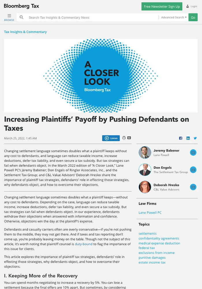 Increasing Plaintiff Payoff
Bloomberg Tax