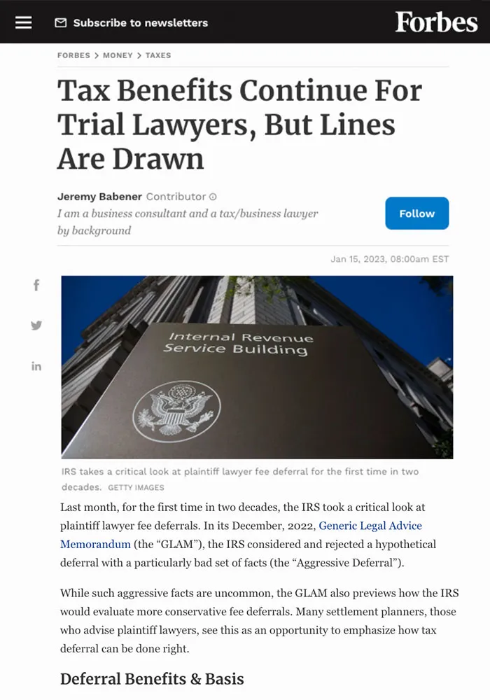 Forbes Example Article - Tax Benefits Continue For Trial Lawyers, But Lines Are Drawn