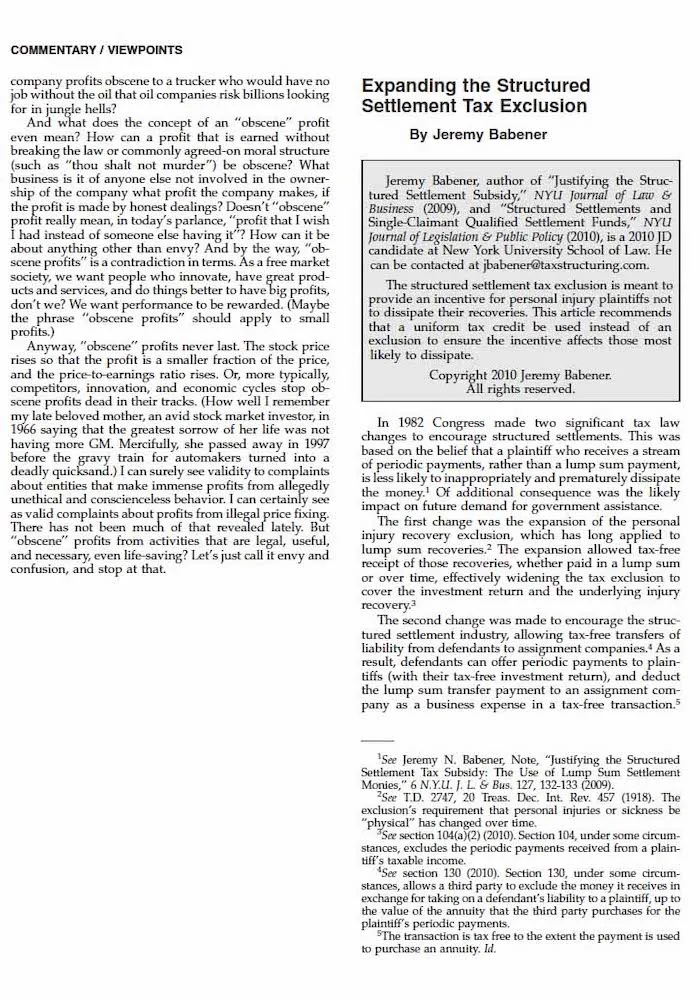 Settlement Tax Subsidy
Tax Notes