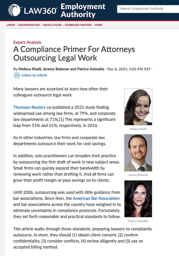 Outsourcing Legal Work
Law360