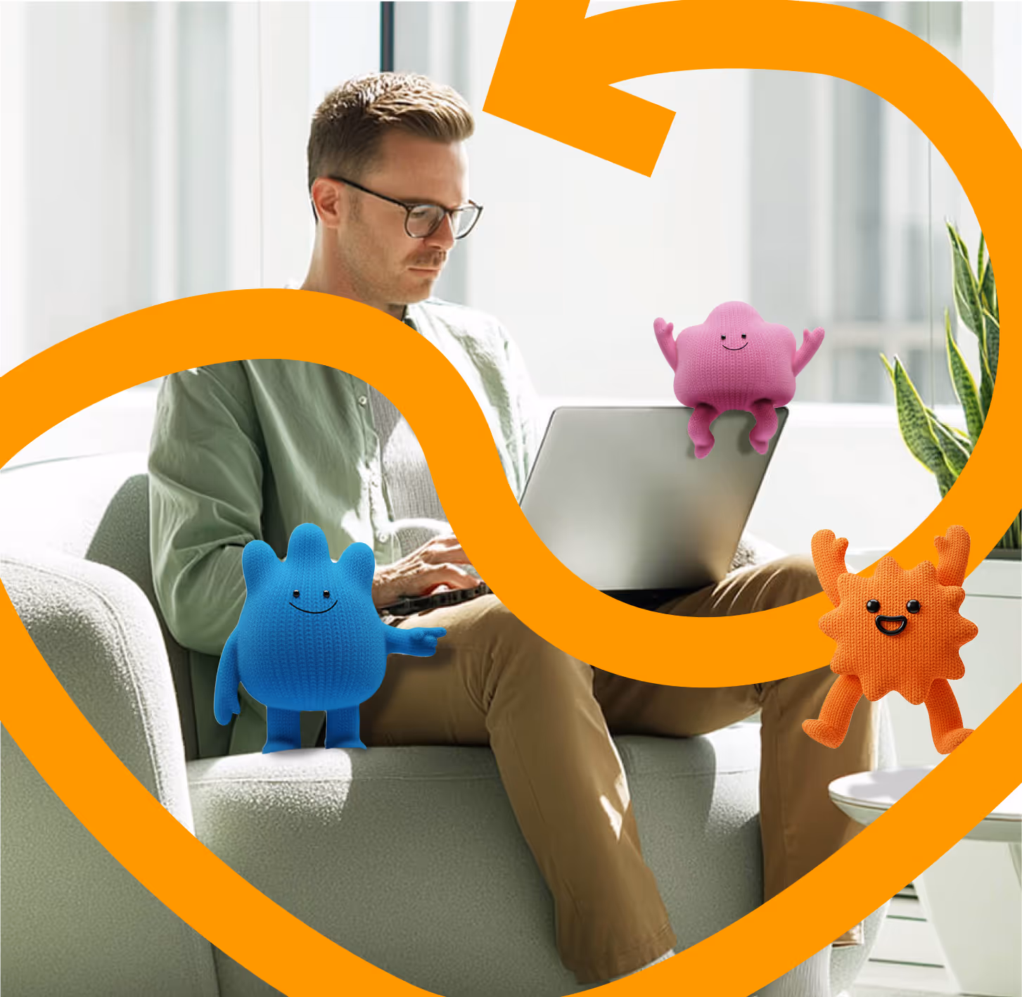 Making professional working with Wonderflow agency characters on his computer.